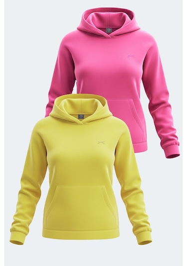 Slazenger Sassa 2 Li Set Kadın Kapüşonlu Cepli Sweatshırt Sarı - Fuşya