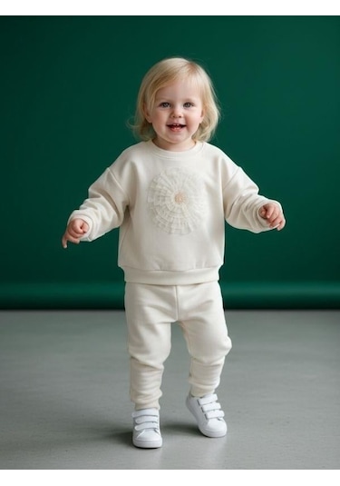 Zekids Kız Bebek Pamuklu Çiçek Detaylı Sweatshirt-16564 Krem