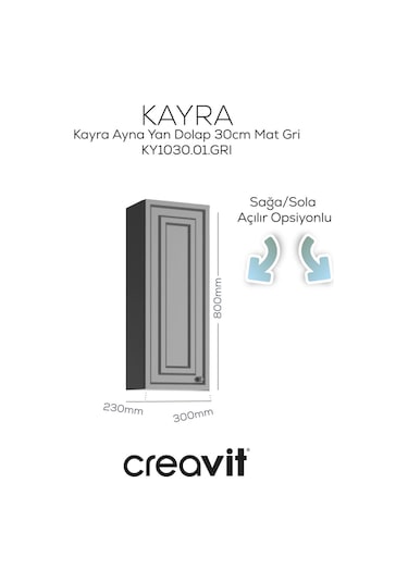 Creavit Kayra Ayna Yan Dolabı 30cm Mat Gri Mat Gri