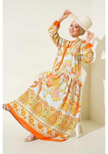 Bigdart 2423 Otantik Desenli Elbise - Y.Turuncu