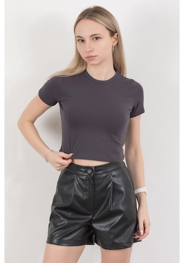 Giysa Kadın Bisiklet Yaka Pamuklu Basic T-shirt Antrasit Ms0000102 Antrasit
