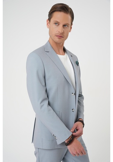 Comfort Fit Mono Yaka Çift Yırtmaç Torba Cep Kendinden Desenli Casual Gri Ceket C 705 Gri