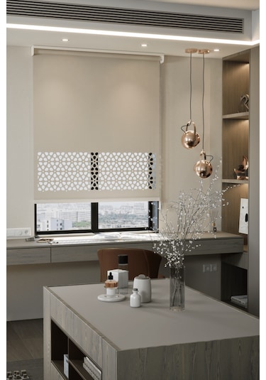 Auralight Lazer Kesim Mat Stor Perde, Lazer Kesimli Modern Serisi, M-4002 Ekru Renk