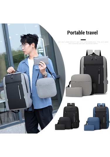 Yuntech01 Erkek Usb Şarjlı Su Geçirmez Çanta Seti - Laptop Sırt Çantası + Omuz Çantası + El Çantası Siyah