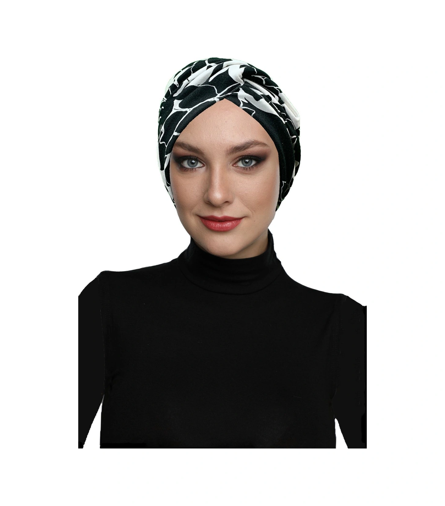 Desenli Çapraz Penye Siyah Çiçek Motifli Hazır Türban Tesettür Havuz Bonesi Siyah-krem
