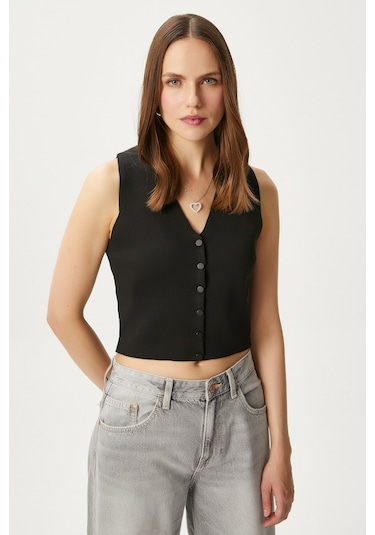Ritnice Kadın Petite Çıtçıtlı Crop Siyah Triko Yelek Siyah