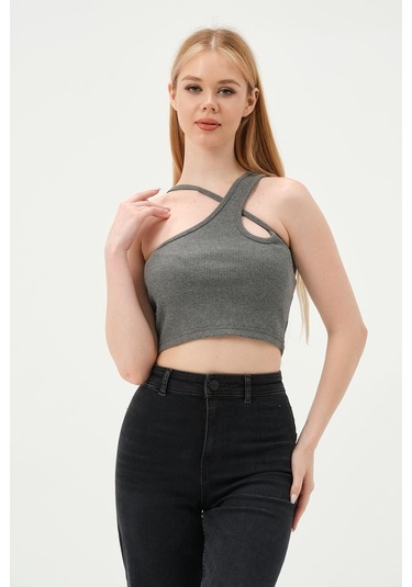 Quhox Kadın Askılı Crop Kaşkorse Gri