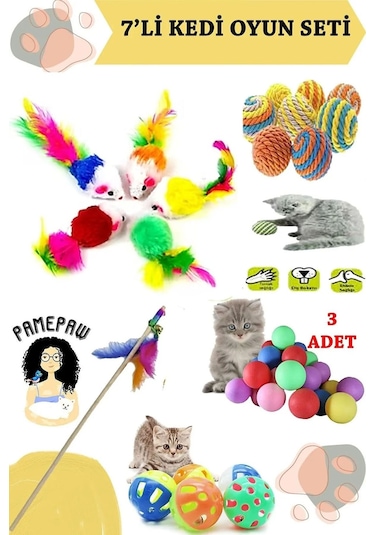 7'li Set : Tüylü Fare Kedi Oyuncağı , Sarma Top , Olta , 3'lü Mini Top , Çıngıraklı Top