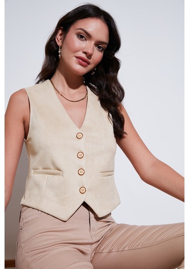 Lela Fitted Scuba Süet V Yaka Düğmeli Bayan Yelek 5865576 Taş