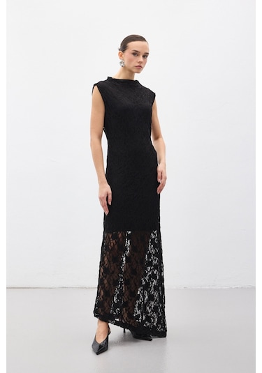 Sateen Dantel Kolsuz Elbise - Siyah-137060 Siyah