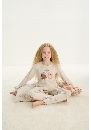 Sevim Kız Çocuk Uzun Kol Bej Melanj Pijama Takım C2t1n7o8 001