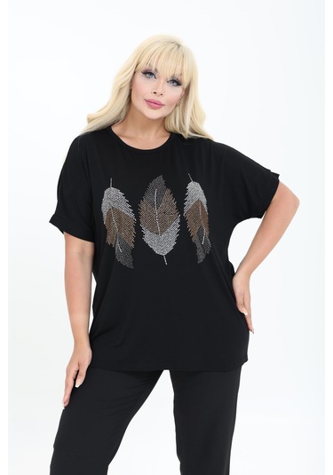 Yaprak Tasarım Taş Detaylı Bambu Yarasa Kol Bluz M-6xl Siyah