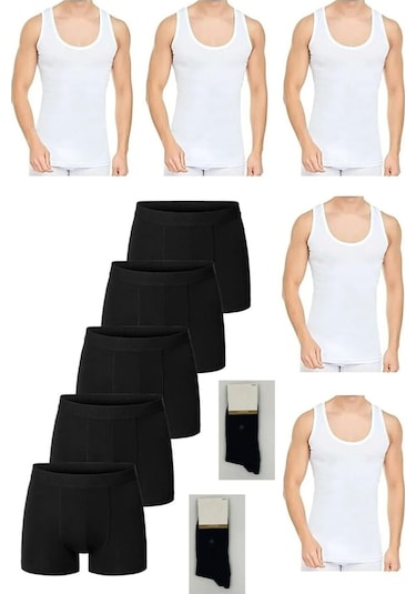 Ekonomik Pamuklu 5'li Erkek Beyaz Atlet-boxer Set 2 Çift Çorap Hediyeli 001