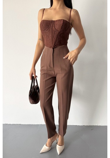 Reka Moda Pantolon Pensli Atlas Kumaş - Kahverengi Kahverengi