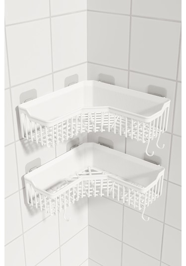 Banyo Köşe Yapışkanlı Banyo Rafı, 2'li Banyo Düzenleyici, Duvar Duş Rafı Banyo Organizer Şampuanlık, Beyaz