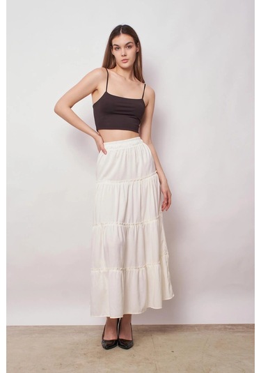 Kadın İç Göstermez Midi Boy Fırfırlı Beli Lastikli Etek -krem Krem
