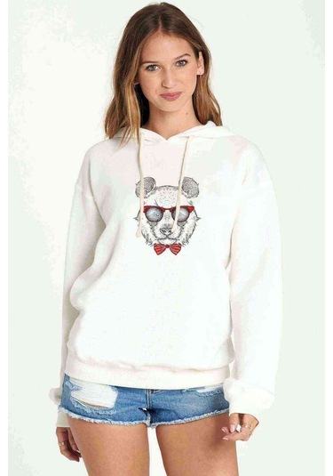 Payonlu Gözlüklü Ayı Baskılı Beyaz Kadın Kapşonlu Sweatshirt