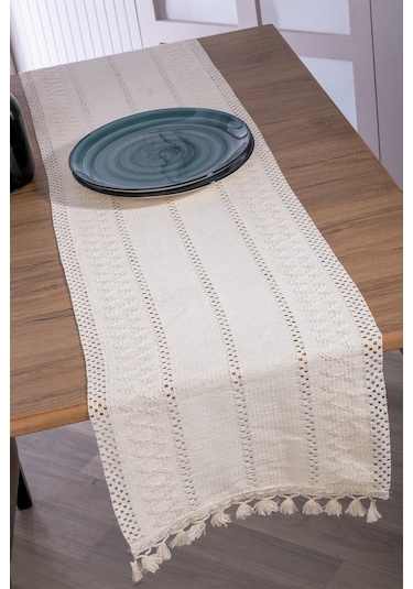 Vivamaison Organik Pamuk Dantel Runner Masa Örtüsü 35 x 150 Krem