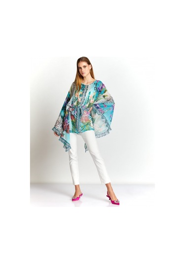 Kadın Desenli Kemerli Şifon Pareo Geniş Kollu Ve Akışkan Hafif Tasarım