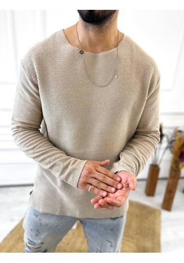 Kazak Oversize Tüylenmez Lazer Kesim Örme Keten Naturel Pamuk Karışımı Sweatshirt Krem