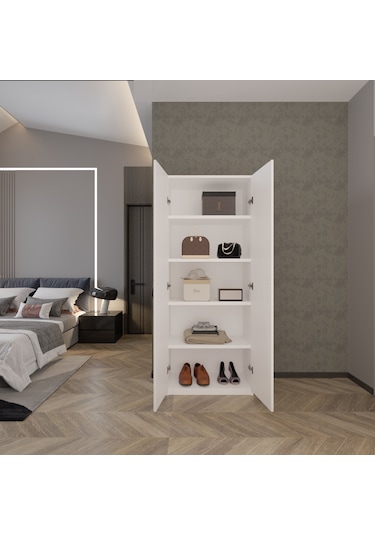 Ed Pet Dizayn 2 Kapaklı 5 Katlı Çok Amaçlı Beyaz Elbise Dolabı