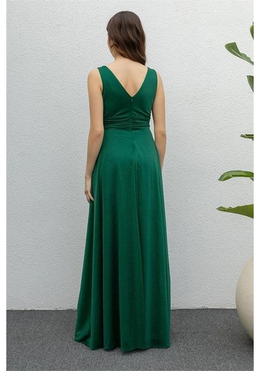 Neşeli Butik Kadın Zümrüt Drapeli Tül Abiye Elbise Nb2030 Yeşil