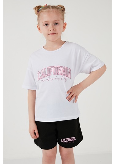 Lela Pamuklu Baskılı Bisiklet Yaka Şortlu Alt-Üst Kız Çocuk Takım 6212004 Beyaz
