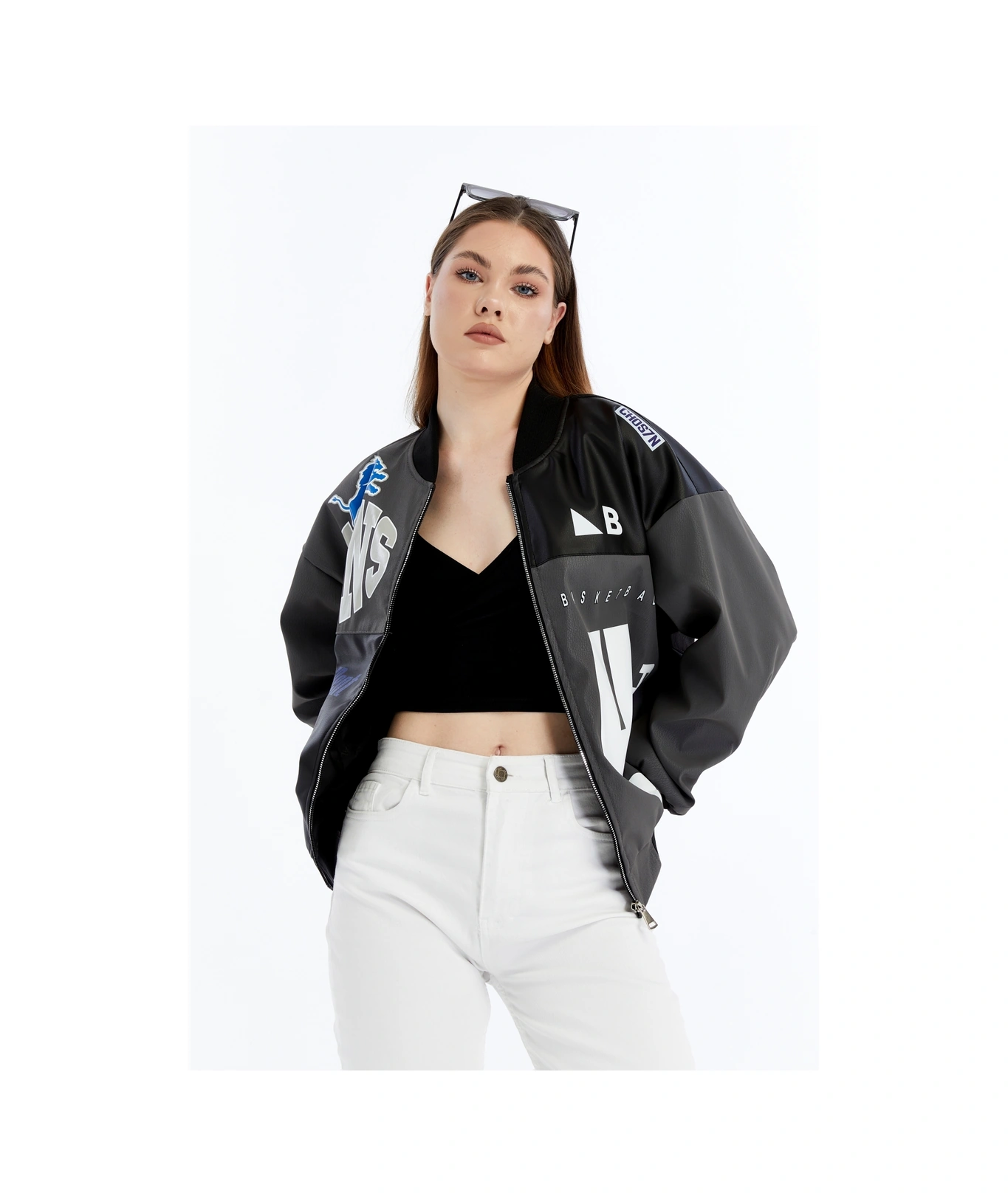 Kadın Oversize Baskılı Deri Motorcu Montu Fermuarlı Yarışçı Ceket Astarlı Bomber Kolej Mont Antrasit