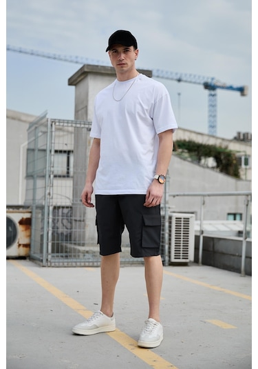 Siyah Renk Kargo Cepli Paraşüt Kumaş Erkek Şort-1555 Siyah