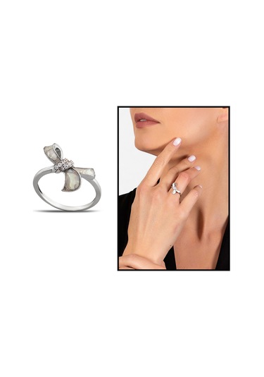 Sedef Taşlı Kurdela Tasarım 925 Ayar Gümüş Kadın Yüzük Beyaz