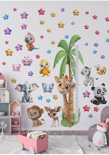 Sevimli Hayvanlar Temalı Boy Ölçer Duvar Sticker Mat, Sökülebilir, Çocuk Odası Dekoru 01