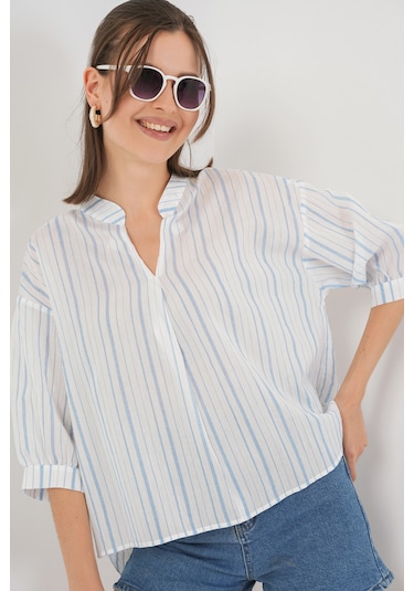 Bigdart Kadın Çizgili Oversize Bluz 967 - A.Mavi