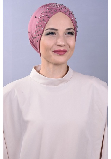 Kadın Tesettür İncili Taşlı Havuz Dış Bone Mürdüm Mürdüm