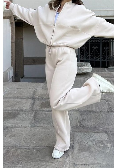 Neşeli Butik Kadın Fermuarlı 3 İplik Eşofman Takımı Nb0018 - Bej Bej