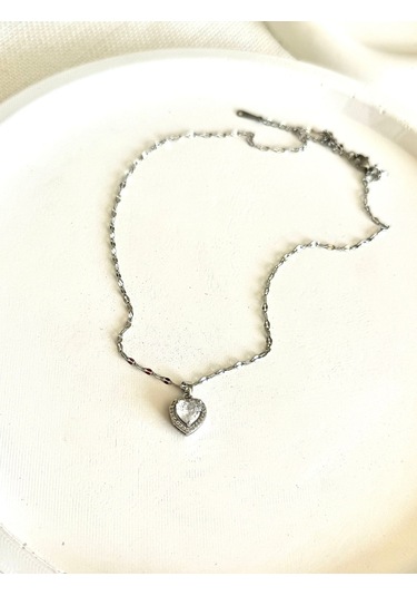 Demokan Zirkon Taş Yıldız Zincir Kalp Kararmaz Kolye Gümüş