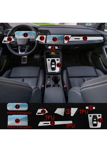 Audi A3 Uyumlu Navigasyon Dijital Gösterge Nano Ve Piano Black 9h Tpu Koruyucu 7 Li Set