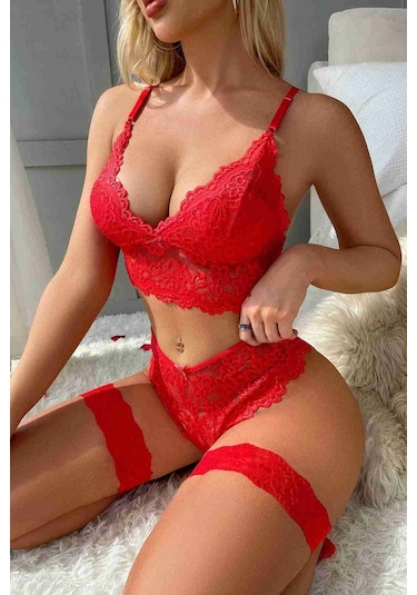 Merry See Bacak Aksesuarlı Sütyen Külot Takım Kırmızı 001