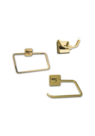 İsaoğlu Yapı Tuvalet Kağıtlığı Havluluk Gold İkili Askılık Komple Set Kare Modern Tasarım Altın Banyo Aksesuar Gold