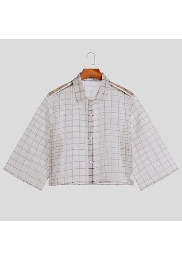 İncerun Yaz Erkek See Through Bol Kısa Kollu Ekose Gömlek Beyaz