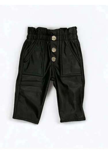 Kız Çocuk Deri Şardonlu Tayt Pantolon-15044 Siyah