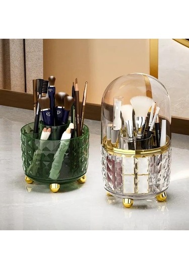 Yuntech01 Scheın Abs Plastik Güneş Yeşili Döner Kosmetik Organizer, 6 Bölmeli, Toz Koruyucu Kapaklı, 21x12x12 Cm Şeffaf