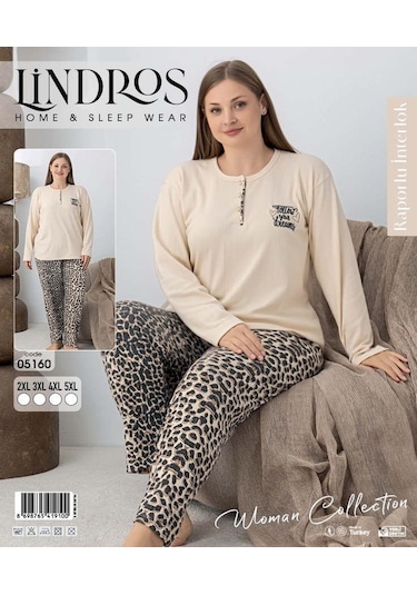 Lindros Kadın Pamuk'lu Düğme Yaka Raporlu İnterlok Kışlık Battal Pijama Takımı 05160 - 1 Adet Ekru