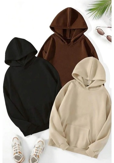 Unisex Düz 3' Lü Baskısız Kapüşonlu Oversize Sweatshirt Kahverengi