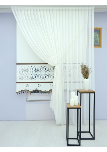 Lazer Stor Perde Kahve Çıta Ve Boncuk Detaylı - Kalın Mat Stor Ekru