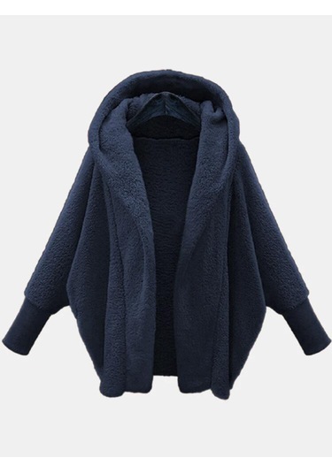 Sonbahar Ve Kış, Kadın Giyim Düz Renk Uzun Kollu Kapşonlu Bol Peluş Ceket Kadın Lacivert