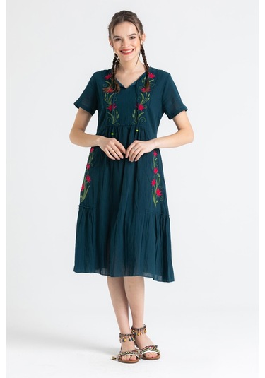 Kısa Kol Şile Bezi Lalezar Nakışlı Midi Boy Elbise Petrol Ptrl-petrol Petrol