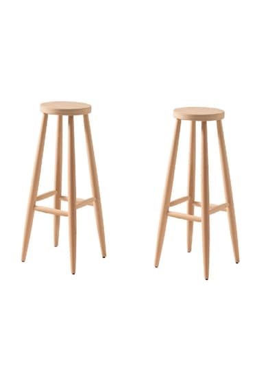 60 Cm 2 Adet Ham Ahşap Yuvarlak Bar Tabure Sandalye Ahşap Açık Bej