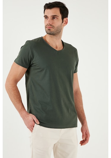 Buratti Pamuklu Slim Fit V Yaka Basic Erkek T Shirt 5412001 Haki