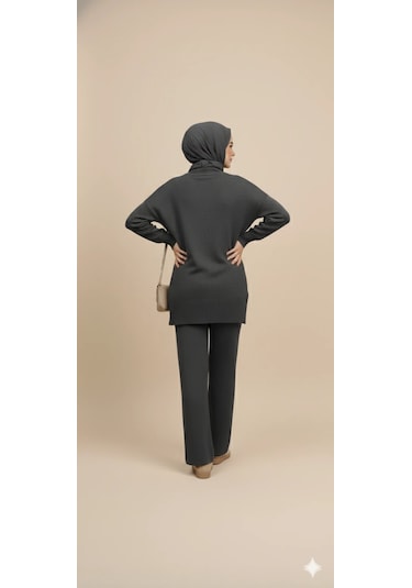 Triko Tunik Pantolon Tesettür Takım Antrasit