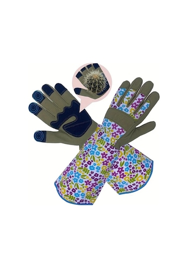Techbloom Diken Geçirmez Eldiven Nefes Alabilir Polyester Green Floral Desenli Unisex Bahçe Eldiveni